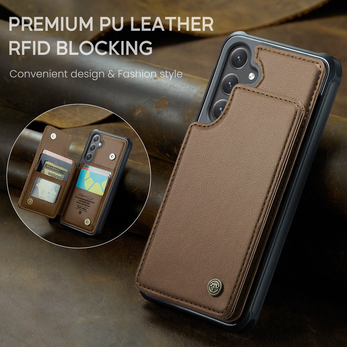 For Samsung Galaxy S25+ Case CASEME C22 Series Leather+TPU Cover RFID Blocking 5 Card Slots - Brown