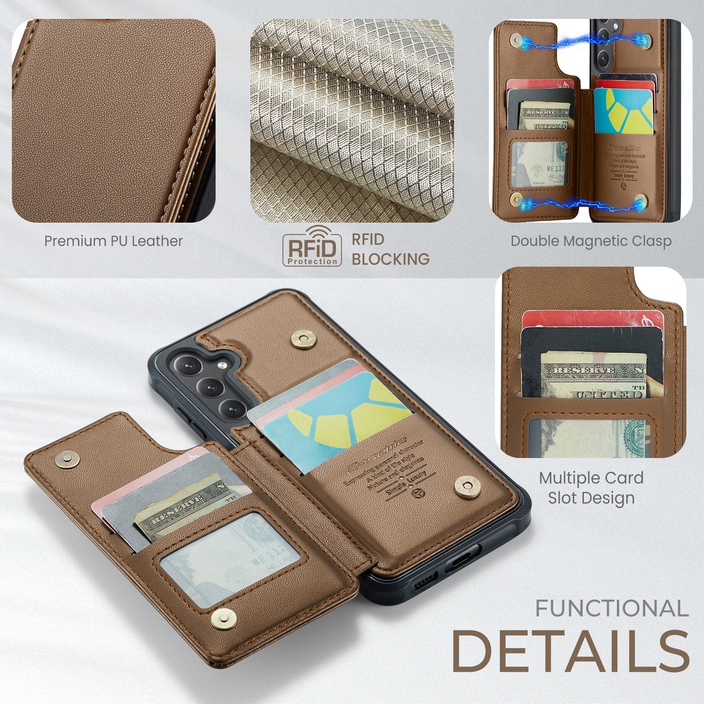 For Samsung Galaxy S25+ Case CASEME C22 Series Leather+TPU Cover RFID Blocking 5 Card Slots - Brown