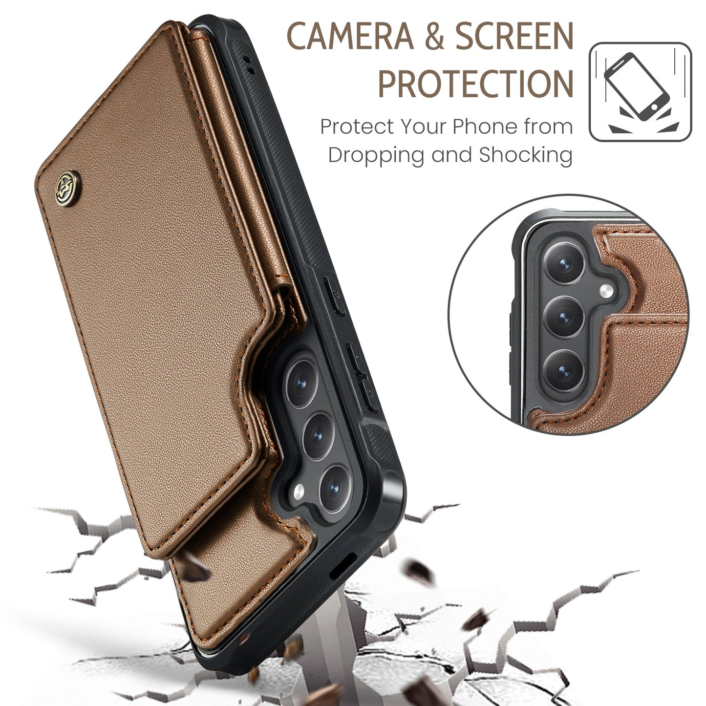 For Samsung Galaxy S25+ Case CASEME C22 Series Leather+TPU Cover RFID Blocking 5 Card Slots - Brown