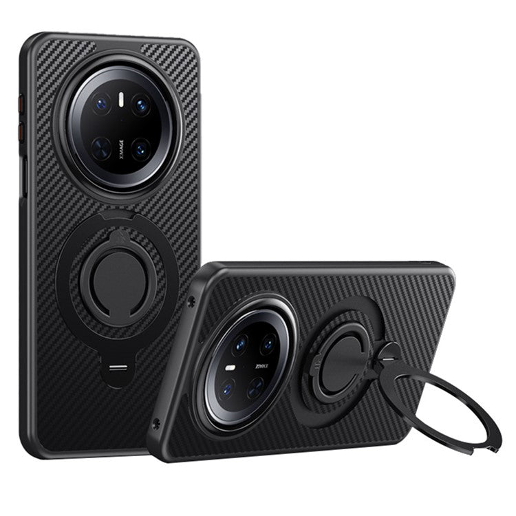 For Huawei Mate 70 Case Compatible with MagSafe Kickstand Carbon Fiber Texture PC + TPU Back Cover with Silicone Ring - Black