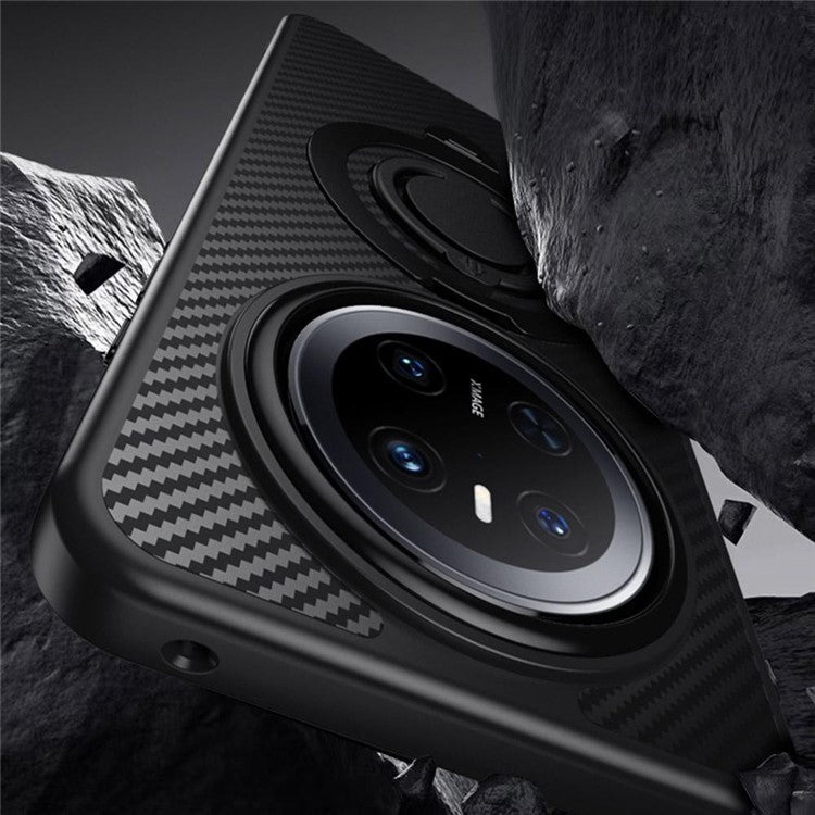 For Huawei Mate 70 Case Compatible with MagSafe Kickstand Carbon Fiber Texture PC + TPU Back Cover with Silicone Ring - Black