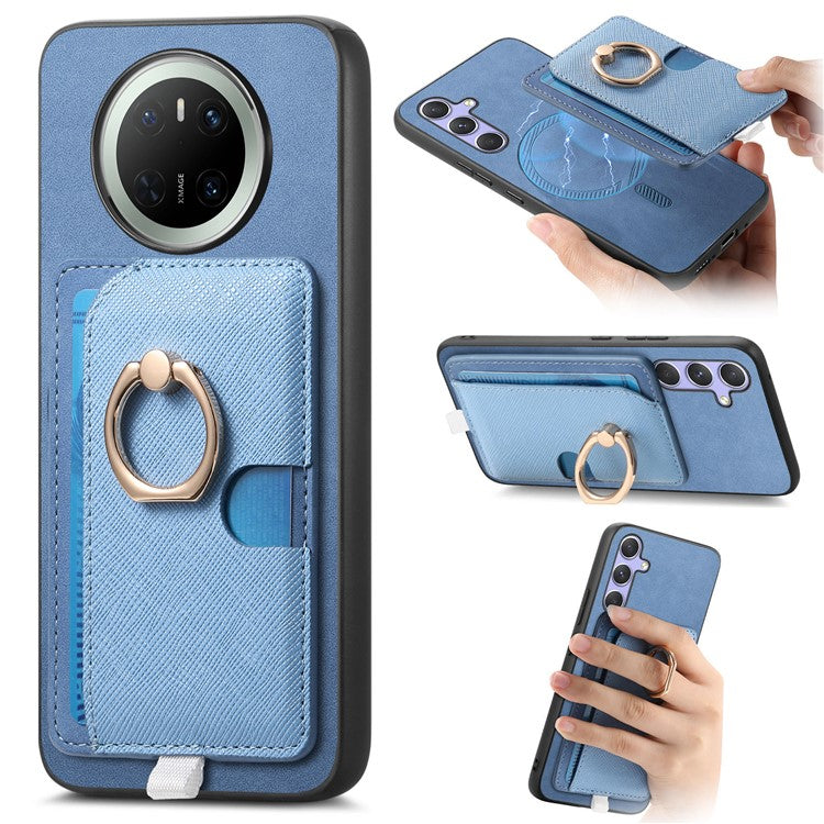 For Huawei Mate 70 Case Ring Kickstand Leather + TPU + PC Phone Cover Detachable Card Holder - Blue