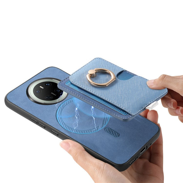 For Huawei Mate 70 Case Ring Kickstand Leather + TPU + PC Phone Cover Detachable Card Holder - Blue