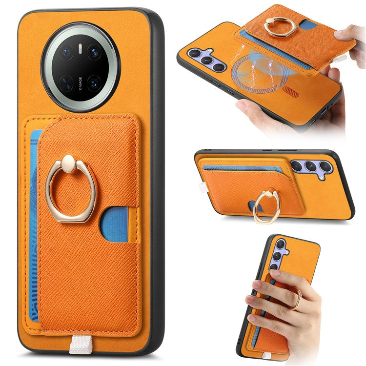 For Huawei Mate 70 Case Ring Kickstand Leather + TPU + PC Phone Cover Detachable Card Holder - Orange