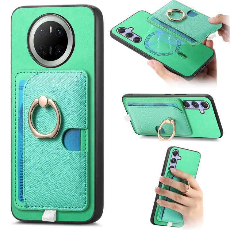 For Huawei Mate 70 Case Ring Kickstand Leather + TPU + PC Phone Cover Detachable Card Holder - Green