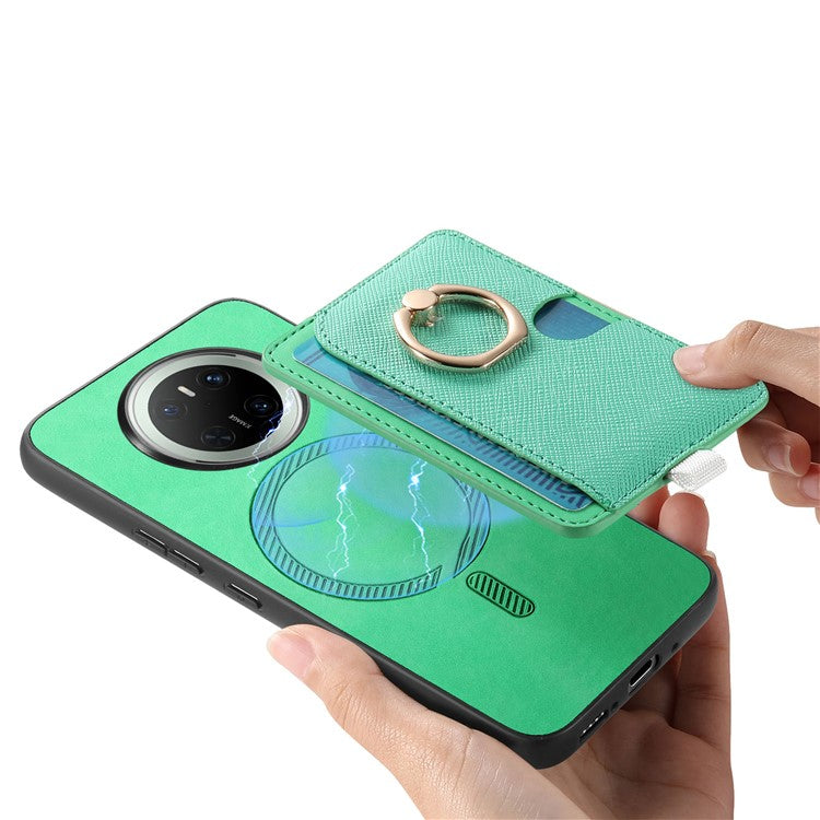 For Huawei Mate 70 Case Ring Kickstand Leather + TPU + PC Phone Cover Detachable Card Holder - Green