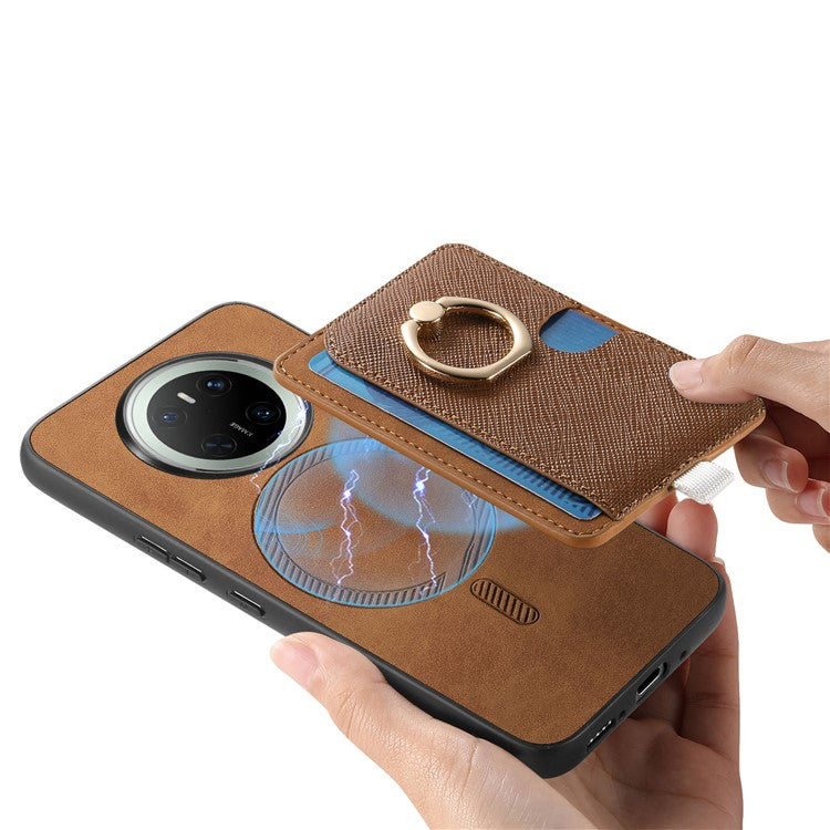 For Huawei Mate 70 Case Ring Kickstand Leather + TPU + PC Phone Cover Detachable Card Holder - Brown