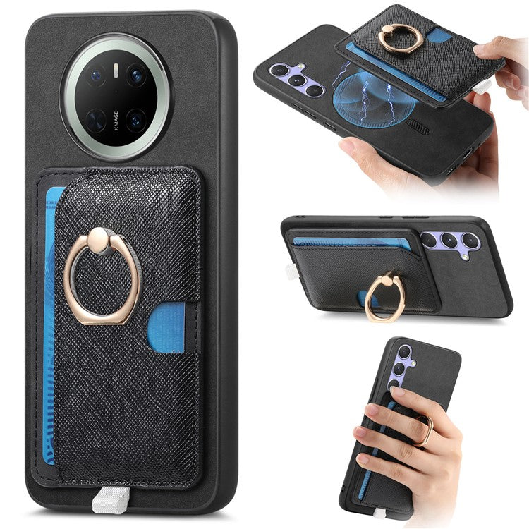 For Huawei Mate 70 Case Ring Kickstand Leather + TPU + PC Phone Cover Detachable Card Holder - Black