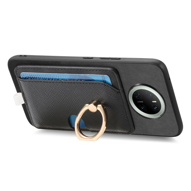 For Huawei Mate 70 Case Ring Kickstand Leather + TPU + PC Phone Cover Detachable Card Holder - Black
