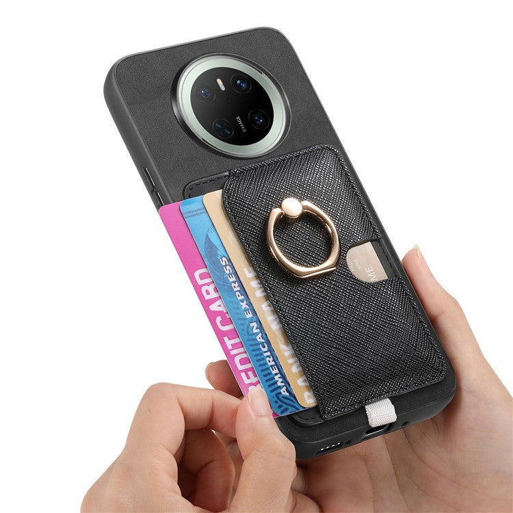 For Huawei Mate 70 Case Ring Kickstand Leather + TPU + PC Phone Cover Detachable Card Holder - Black