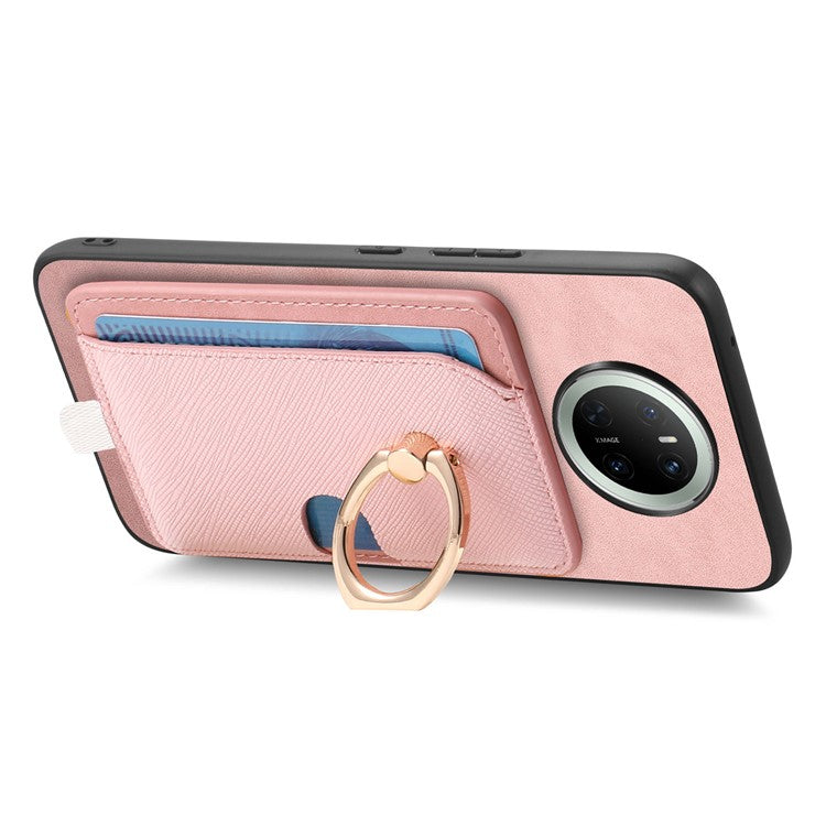For Huawei Mate 70 Case Ring Kickstand Leather + TPU + PC Phone Cover Detachable Card Holder - Pink