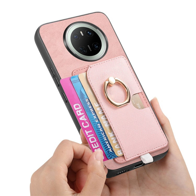 For Huawei Mate 70 Case Ring Kickstand Leather + TPU + PC Phone Cover Detachable Card Holder - Pink