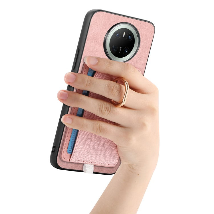 For Huawei Mate 70 Case Ring Kickstand Leather + TPU + PC Phone Cover Detachable Card Holder - Pink