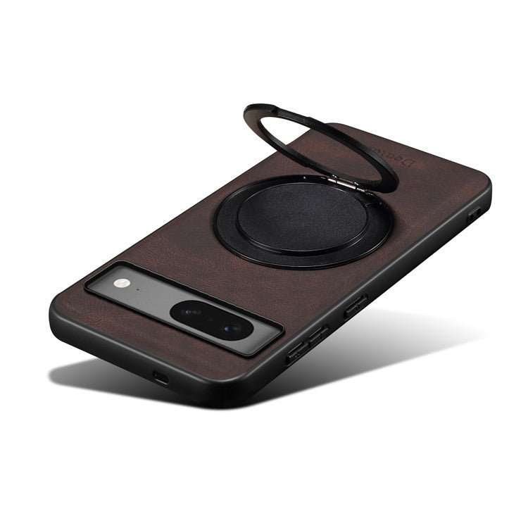 DENIOR A14 For Google Pixel 7 5G Magnetic Case Rotary Kickstand Leather PC TPU Phone Cover - Brown