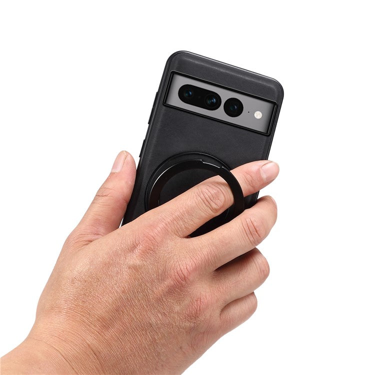 DENIOR A14 For Google Pixel 7 Pro 5G Magnetic Case Rotary Kickstand Leather PC TPU Phone Cover - Black