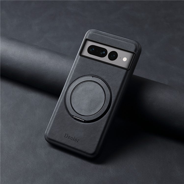 DENIOR A14 For Google Pixel 7 Pro 5G Magnetic Case Rotary Kickstand Leather PC TPU Phone Cover - Black