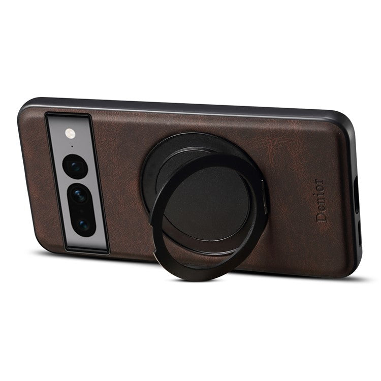 DENIOR A14 For Google Pixel 7 Pro 5G Magnetic Case Rotary Kickstand Leather PC TPU Phone Cover - Brown