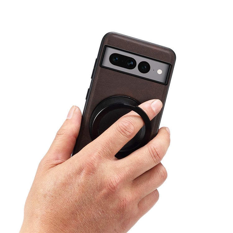 DENIOR A14 For Google Pixel 7 Pro 5G Magnetic Case Rotary Kickstand Leather PC TPU Phone Cover - Brown