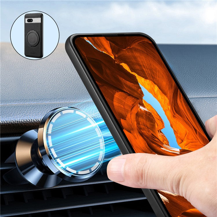 DENIOR A14 For Google Pixel 7a Magnetic Case Rotary Kickstand Leather PC TPU Phone Cover - Black