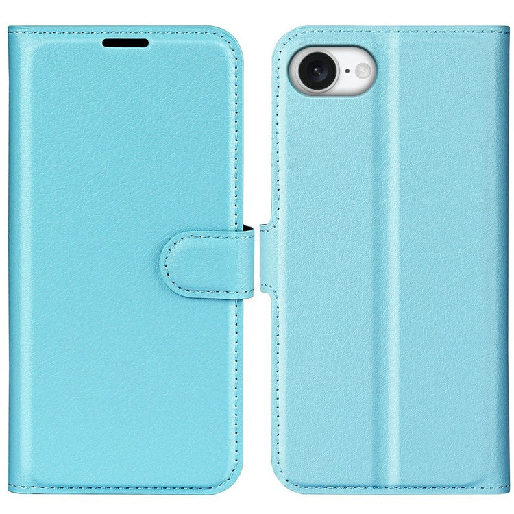 For iPhone 16e Case Litchi Texture Shockproof Leather Wallet Phone Cover - Blue