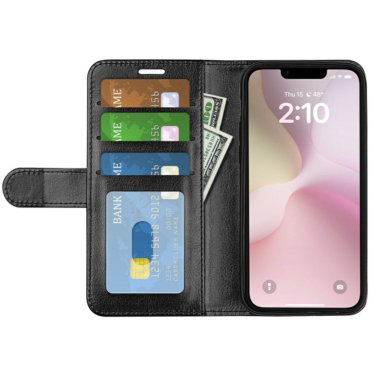 For iPhone 16e Wallet Case Crazy Horse Texture Stand Leather Phone Cover - Black