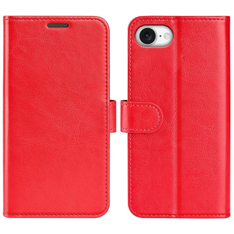 For iPhone 16e Wallet Case Crazy Horse Texture Stand Leather Phone Cover - Red