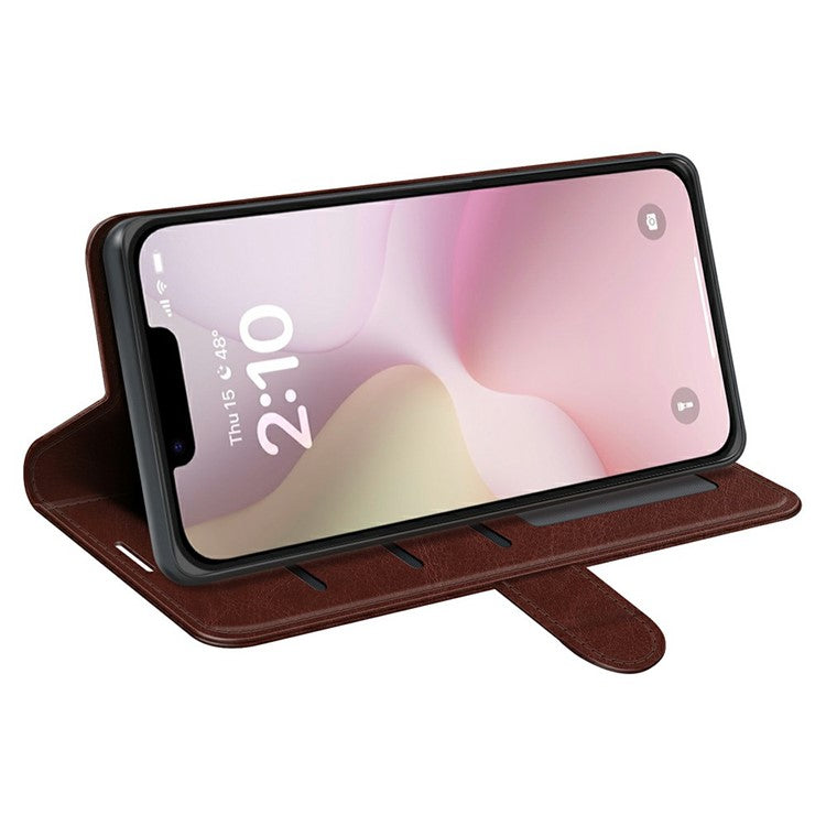 For iPhone 16e Wallet Case Crazy Horse Texture Stand Leather Phone Cover - Brown