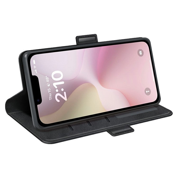 For iPhone 16e Stand Case Calf Texture Leather Wallet Phone Cover - Black