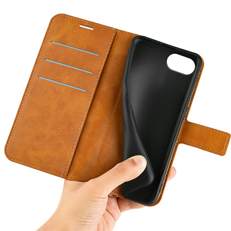 For iPhone 16e Stand Case Anti-Scratch Calf Texture Leather Phone Cover - Yellow