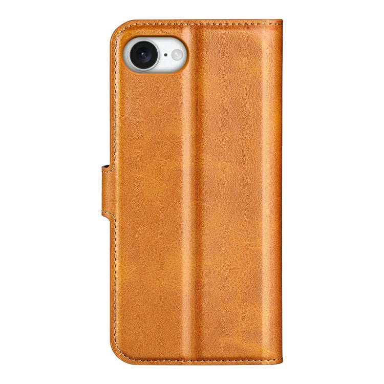 For iPhone 16e Stand Case Anti-Scratch Calf Texture Leather Phone Cover - Yellow