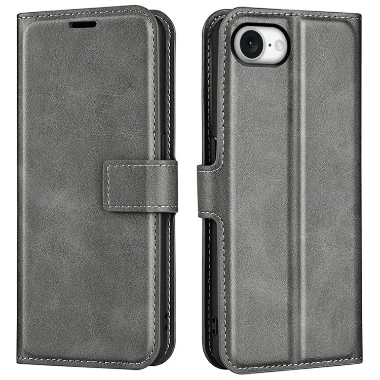 For iPhone SE (2025) Stand Case Anti-Scratch Calf Texture Leather Phone Cover - Grey