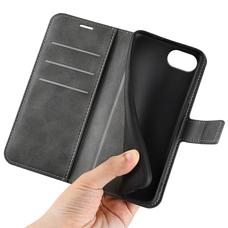 For iPhone 16e Stand Case Anti-Scratch Calf Texture Leather Phone Cover - Grey