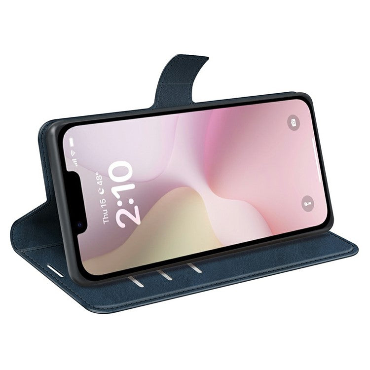 For iPhone 16e Stand Case Anti-Scratch Calf Texture Leather Phone Cover - Blue
