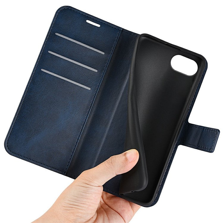 For iPhone 16e Stand Case Anti-Scratch Calf Texture Leather Phone Cover - Blue