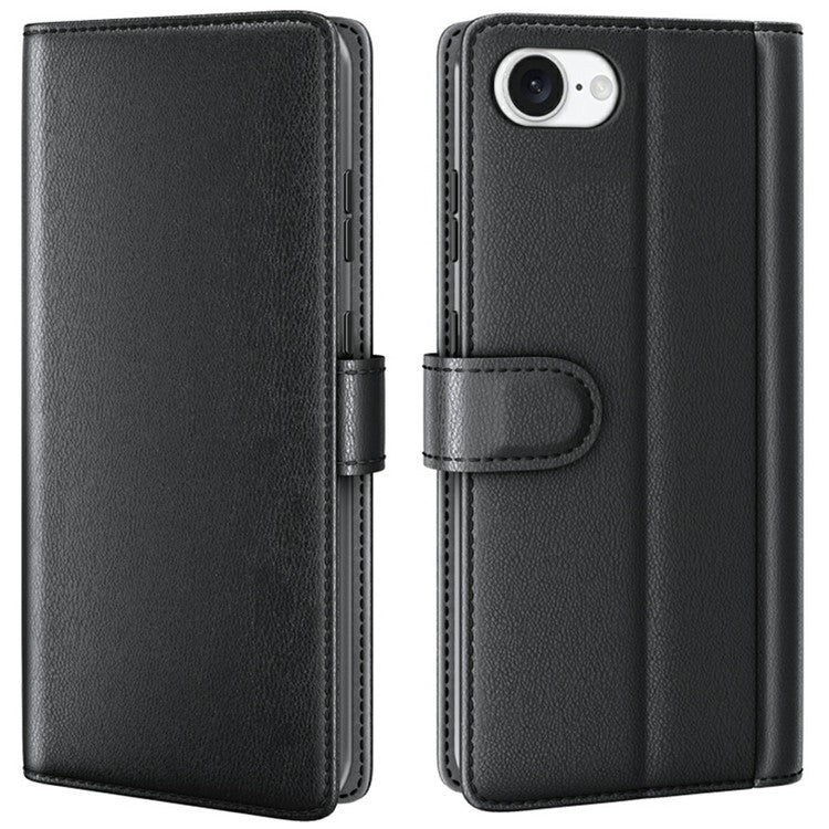 For iPhone 16e Case Genuine Split Leather Phone Cover Wallet Card Slot - Black