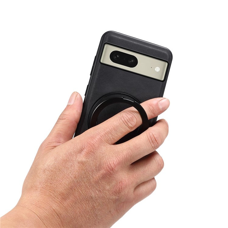 DENIOR A14 For Google Pixel 8 Magnetic Case Rotary Kickstand Leather PC TPU Phone Cover - Black