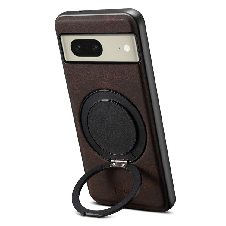DENIOR A14 For Google Pixel 8 Magnetic Case Rotary Kickstand Leather PC TPU Phone Cover - Brown