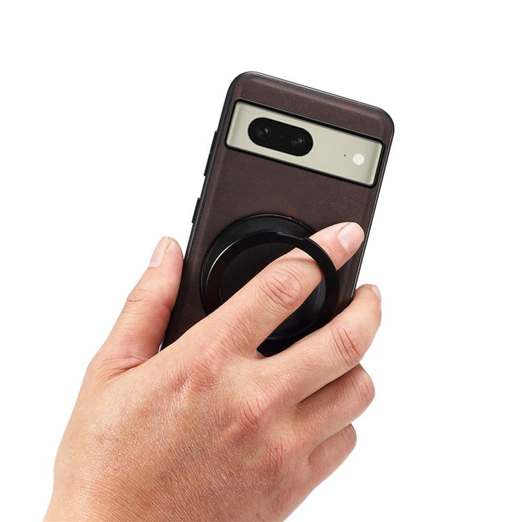 DENIOR A14 For Google Pixel 8 Magnetic Case Rotary Kickstand Leather PC TPU Phone Cover - Brown