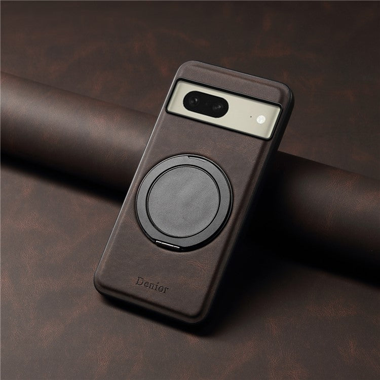 DENIOR A14 For Google Pixel 8 Magnetic Case Rotary Kickstand Leather PC TPU Phone Cover - Brown