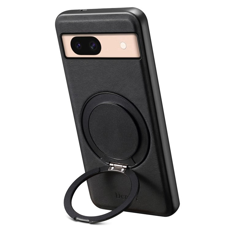 DENIOR A14 For Google Pixel 8a Magnetic Case Rotary Kickstand Leather PC TPU Phone Cover - Black