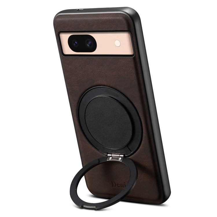 DENIOR A14 For Google Pixel 8a Magnetic Case Rotary Kickstand Leather PC TPU Phone Cover - Brown
