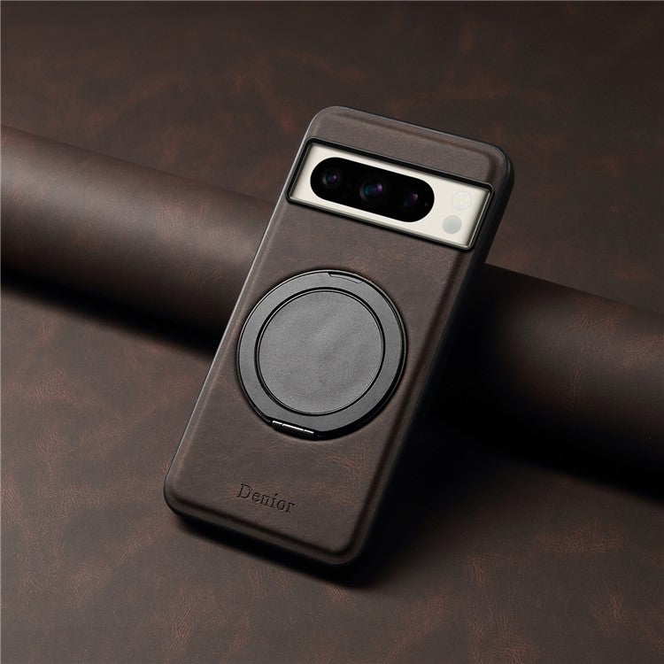 DENIOR A14 For Google Pixel 8 Pro Magnetic Case Rotary Kickstand Leather PC TPU Phone Cover - Brown