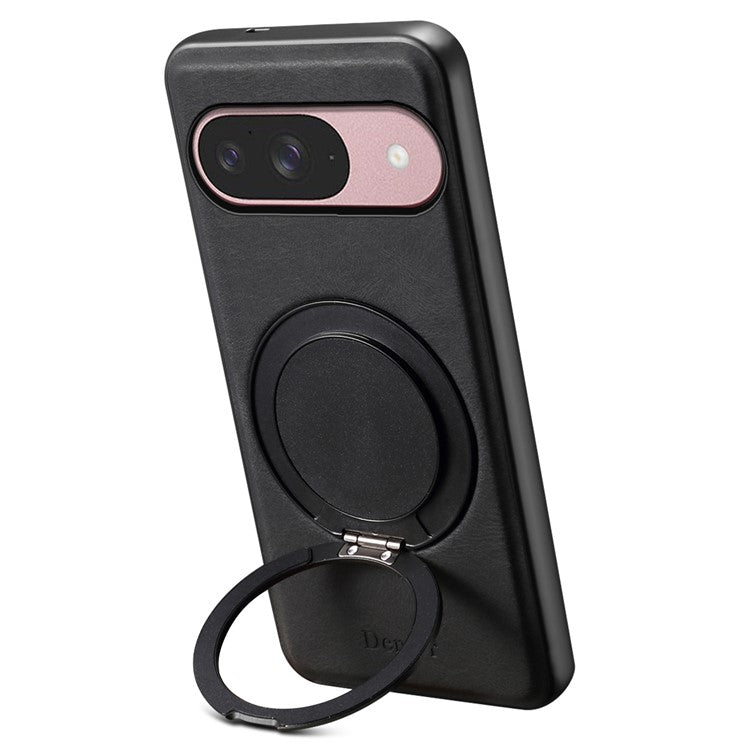 DENIOR A14 For Google Pixel 9 / Pixel 9 Pro Magnetic Case Rotary Kickstand Leather PC TPU Phone Cover - Black