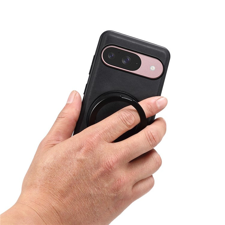 DENIOR A14 For Google Pixel 9 / Pixel 9 Pro Magnetic Case Rotary Kickstand Leather PC TPU Phone Cover - Black