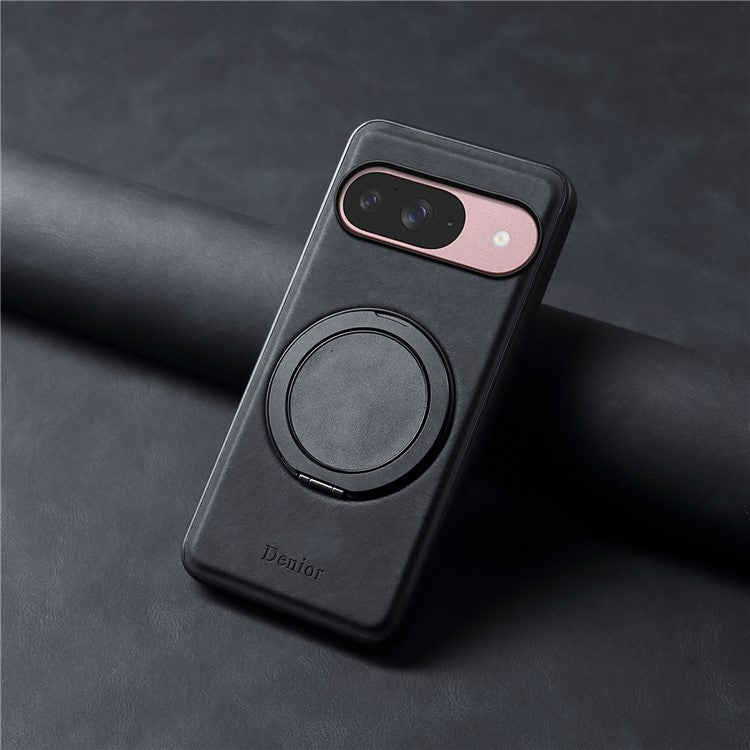 DENIOR A14 For Google Pixel 9 / Pixel 9 Pro Magnetic Case Rotary Kickstand Leather PC TPU Phone Cover - Black
