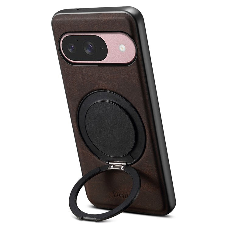 DENIOR A14 For Google Pixel 9 / Pixel 9 Pro Magnetic Case Rotary Kickstand Leather PC TPU Phone Cover - Brown