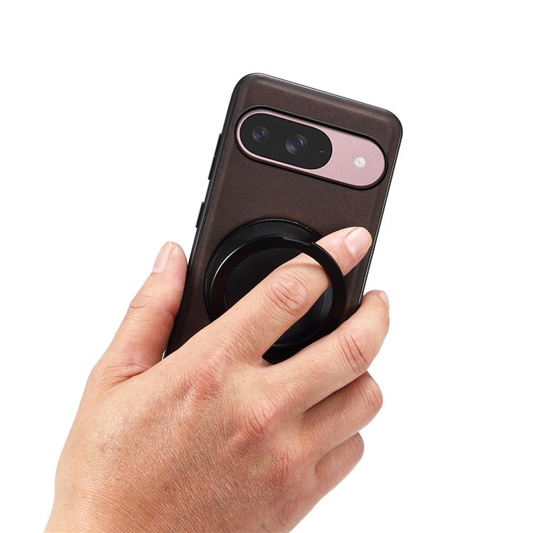 DENIOR A14 For Google Pixel 9 / Pixel 9 Pro Magnetic Case Rotary Kickstand Leather PC TPU Phone Cover - Brown