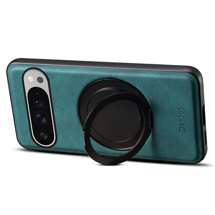 DENIOR A14 For Google Pixel 9 Pro XL Magnetic Case Rotary Kickstand Leather PC TPU Phone Cover - Blue