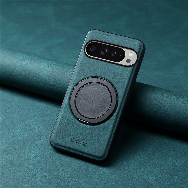 DENIOR A14 For Google Pixel 9 Pro XL Magnetic Case Rotary Kickstand Leather PC TPU Phone Cover - Blue