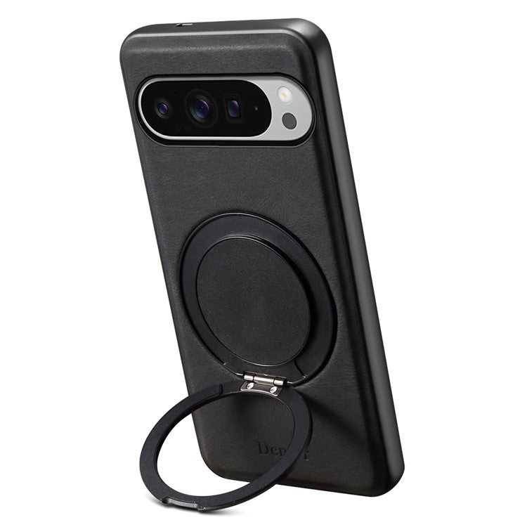 DENIOR A14 For Google Pixel 9 Pro XL Magnetic Case Rotary Kickstand Leather PC TPU Phone Cover - Black